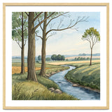 Pastoral Countryside Watercolor Painting with Winding Stream Meadows and Deciduous Trees Landscape thumbnail
