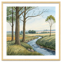Pastoral Countryside Watercolor Painting with Winding Stream Meadows and Deciduous Trees Landscape
