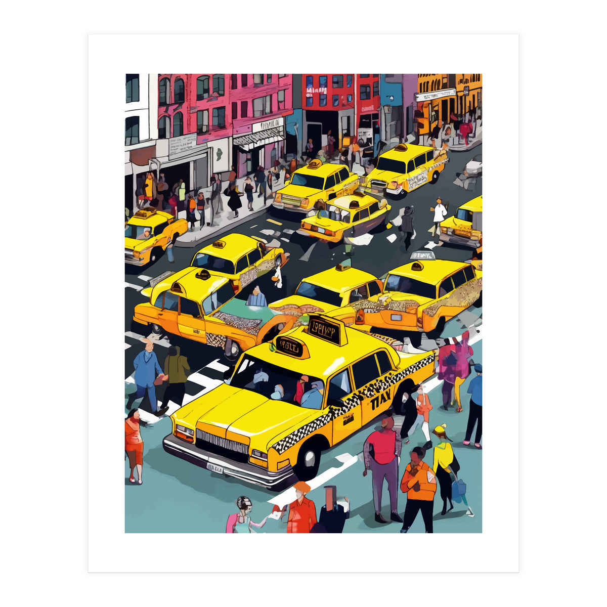 New York Minute, Yellow Taxi Cab Manhattan Downtown Busy Street, Traffic People Buildings Times Square Eclectic Road Architecture (Print Only)