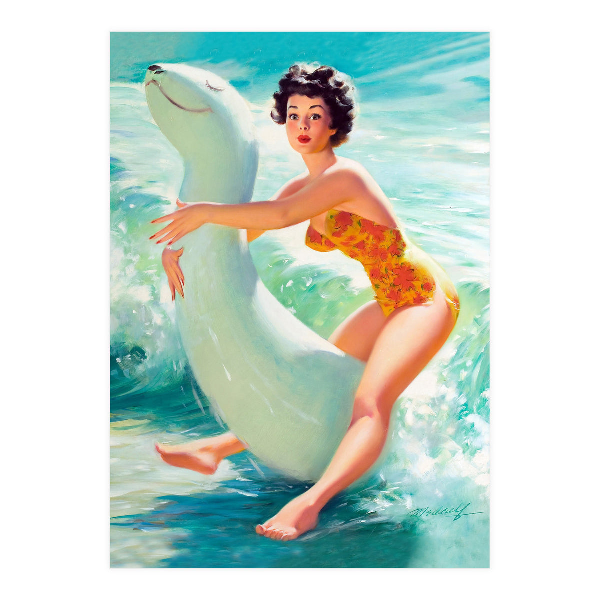 Happy Pinup Girl On The Beach Hugging Her Rubber Toy (Print Only)