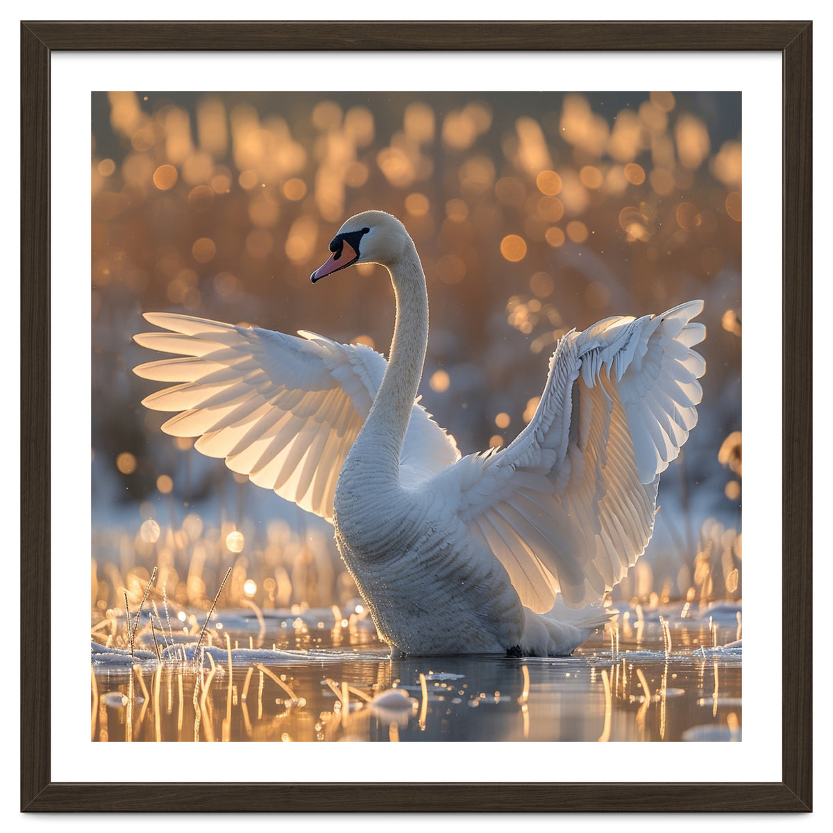 Swan Spreading Wings In Water Sunlight