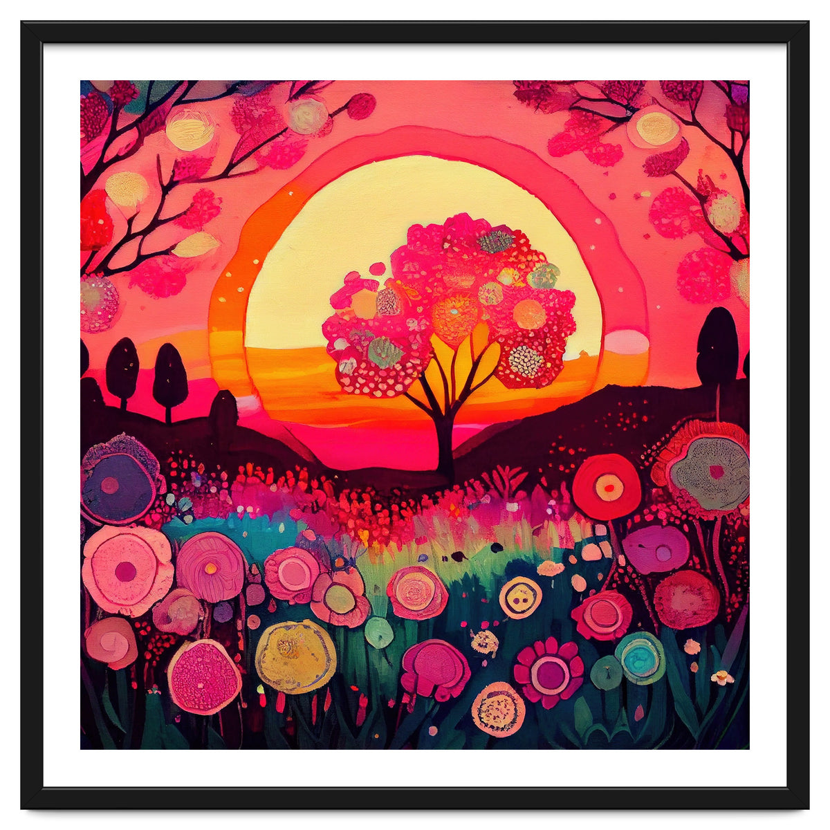 Folk Sunset Blossoming Tree