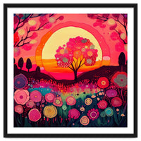 Folk Sunset Blossoming Tree