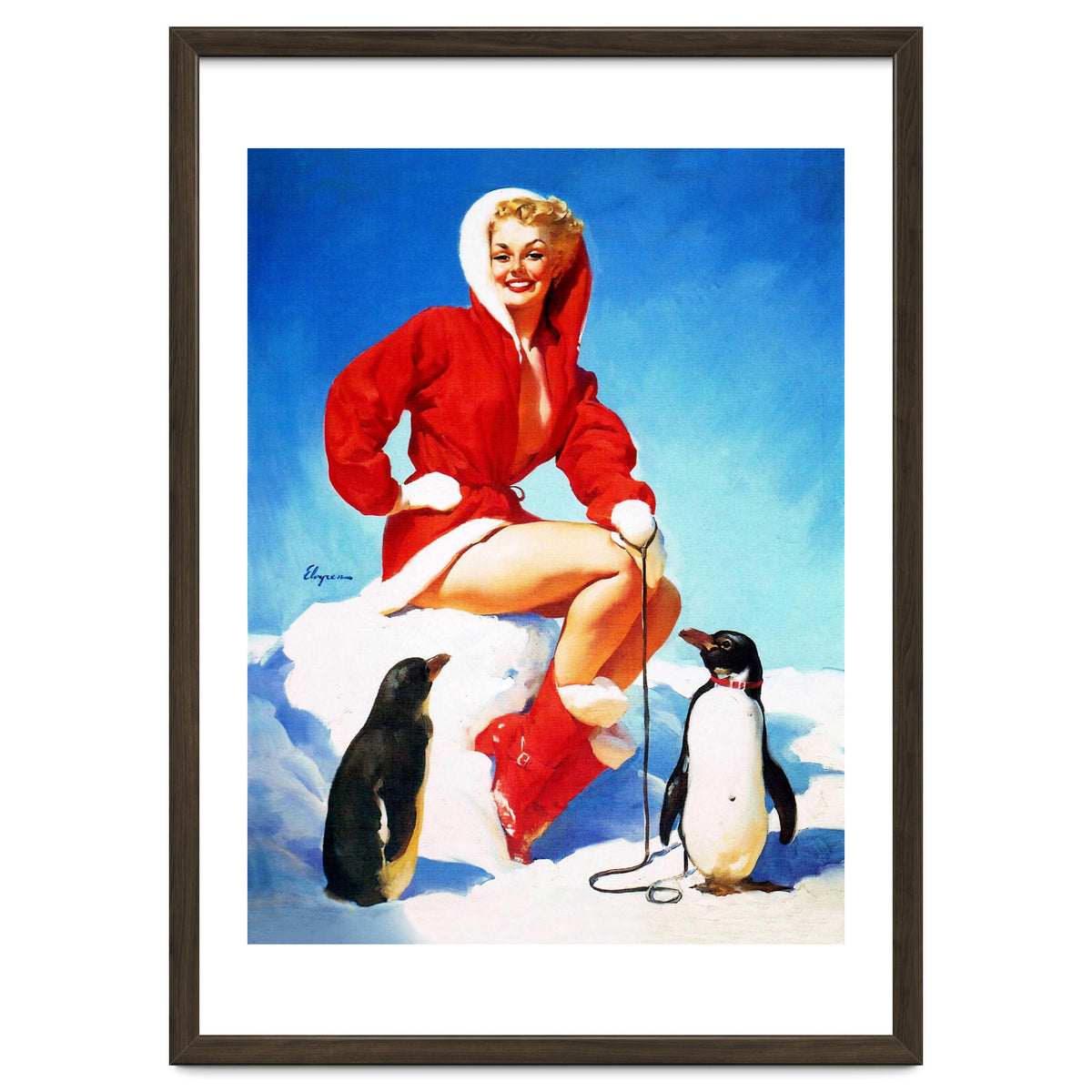 Pinup Sexy Woman Posing With Two Penguins