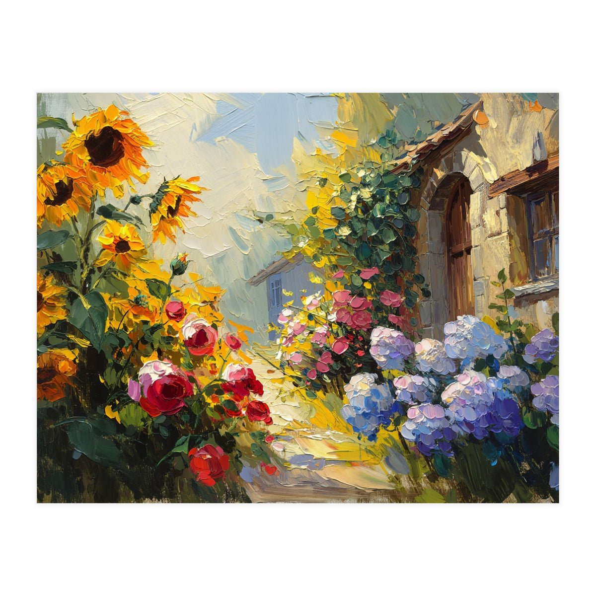 Vibrant Summer Cottage Garden Oil Painting (Print Only)