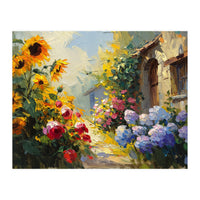 Vibrant Summer Cottage Garden Oil Painting (Print Only)