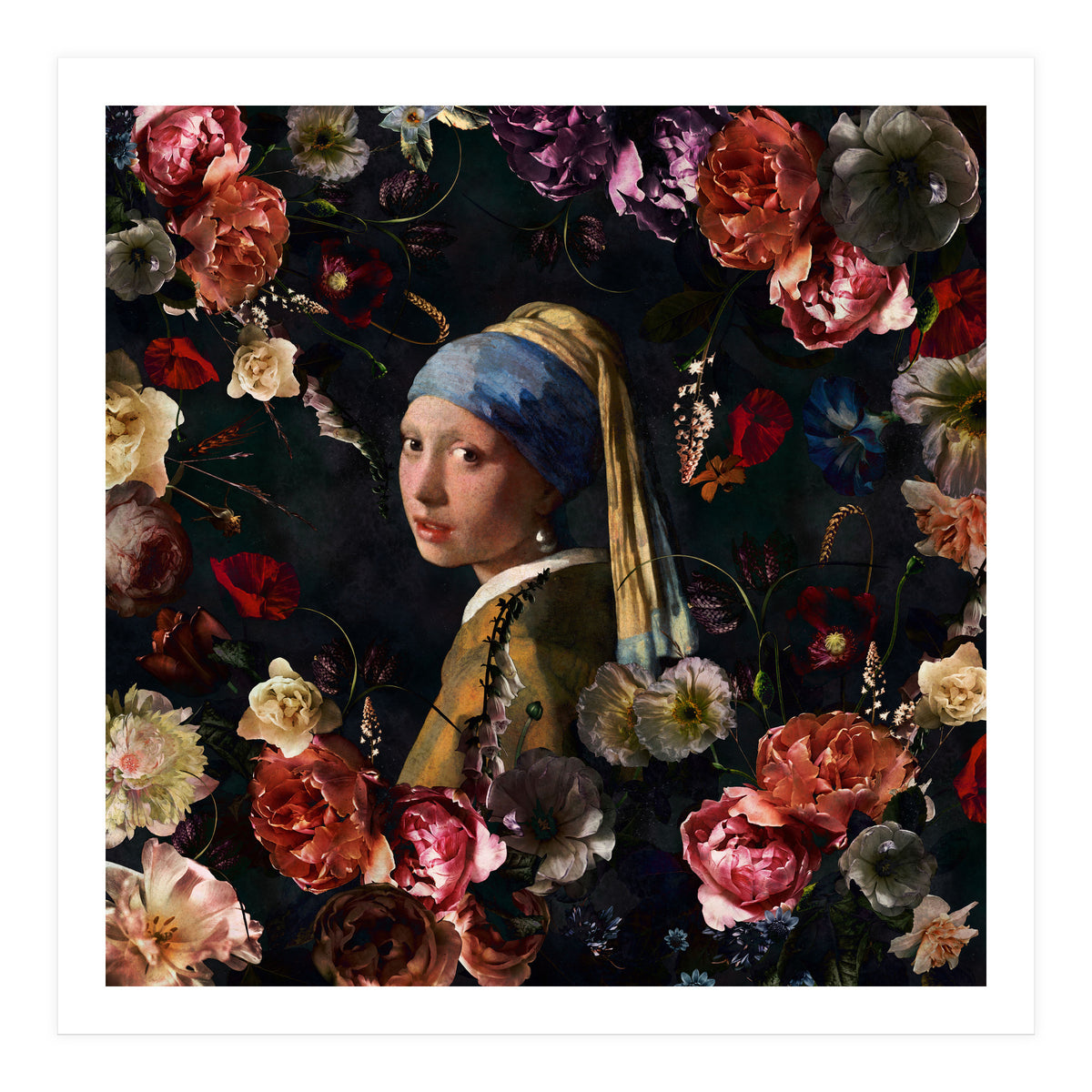 Girl With Pearl Earring And Flowers (Print Only)
