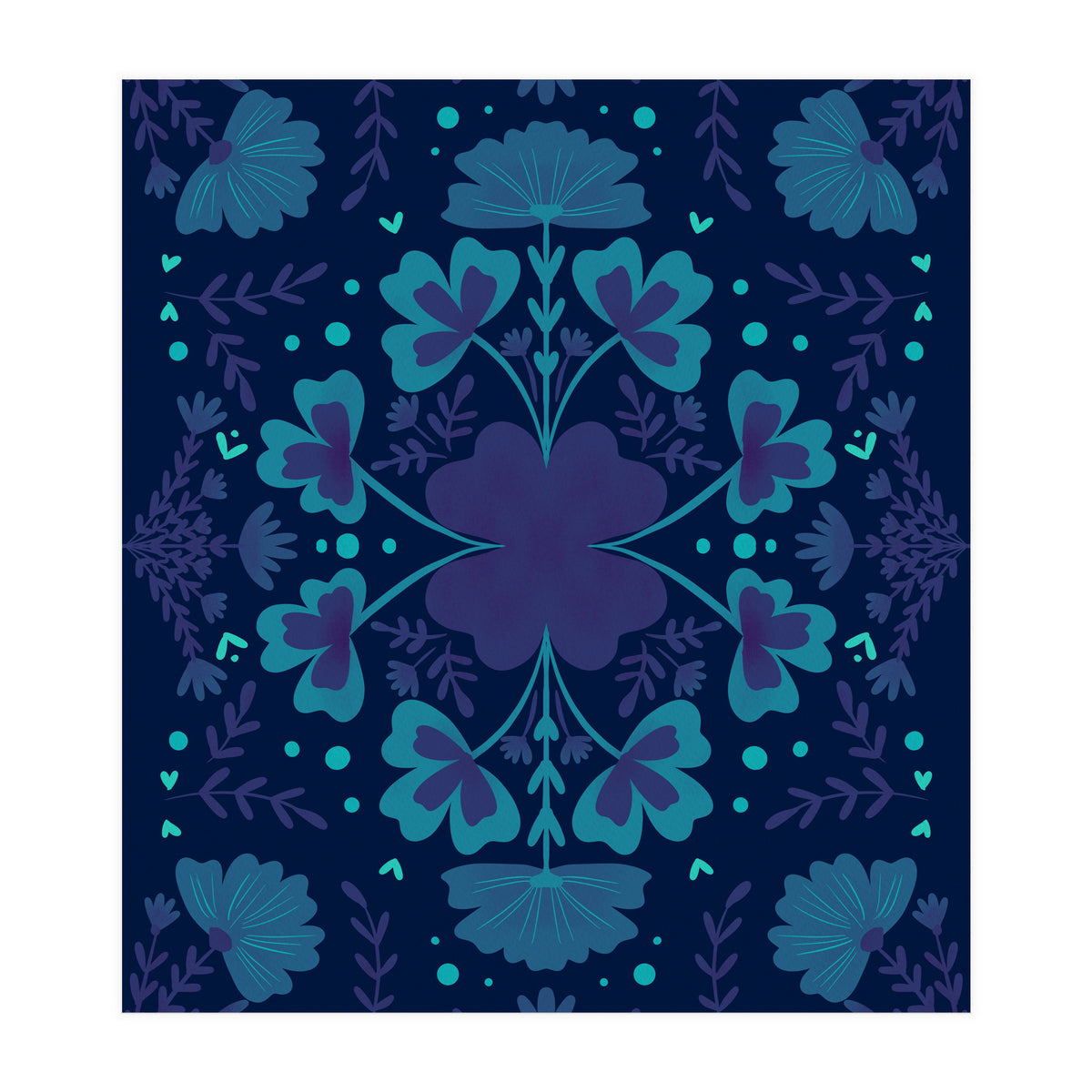 Clovers And Flowers Night Blue (Print Only)