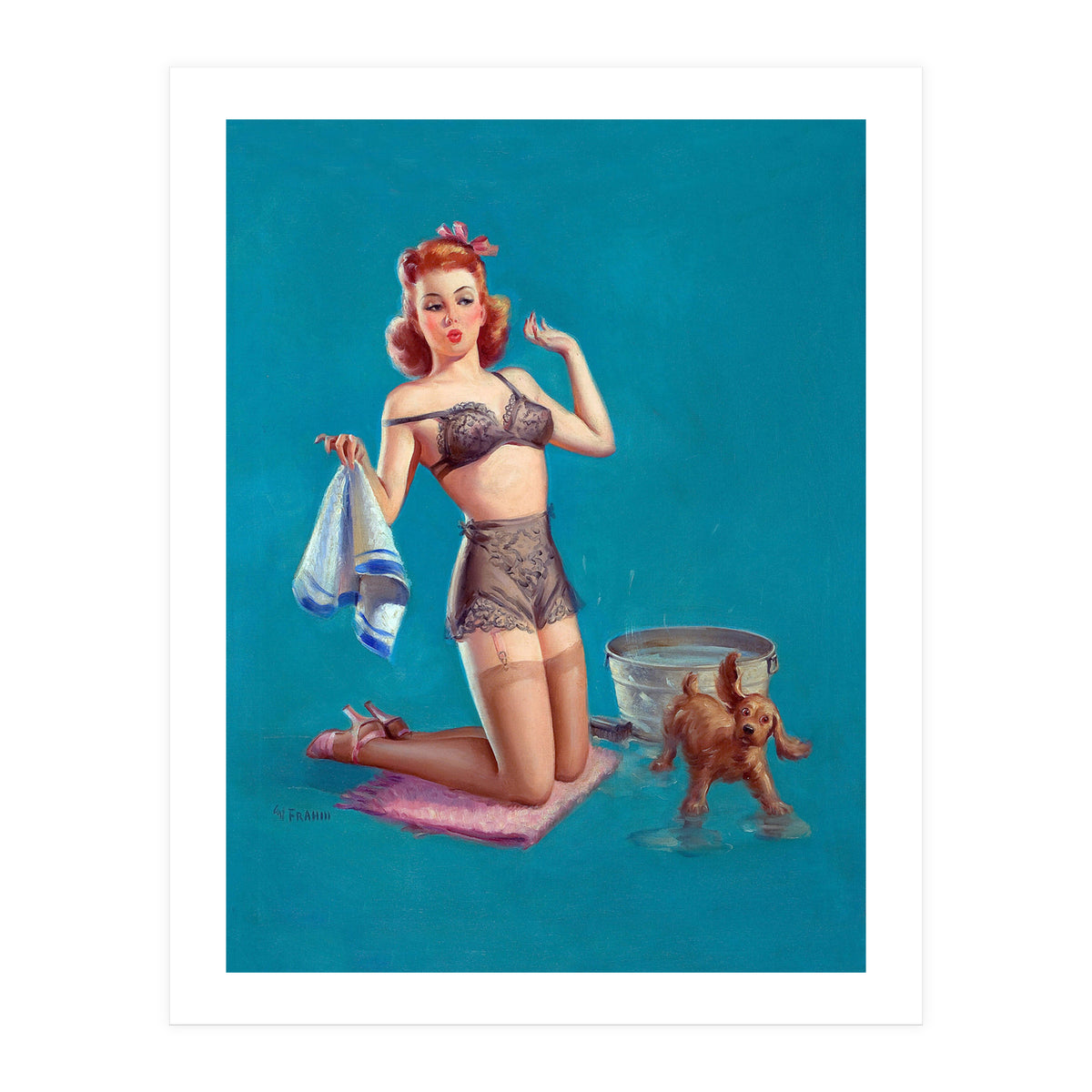 Pinup Girl Bathing A Dog (Print Only)