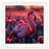 Pink Flamingo Bird Standing Among Flowers At Sunset thumbnail