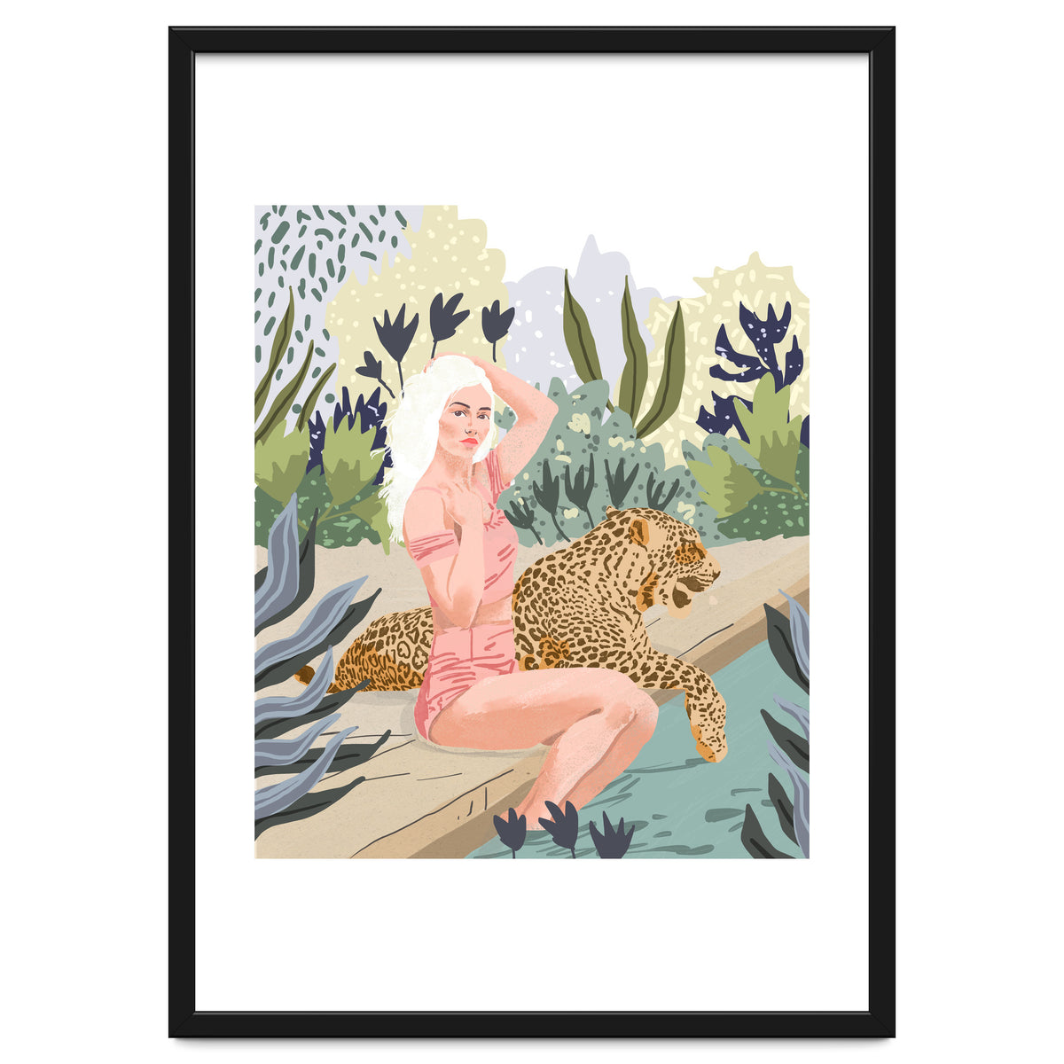 How to Train Your Leopard, Wild Cat Bohemian Woman Painting, Swimming Pool Bikini Summer Swim Animal