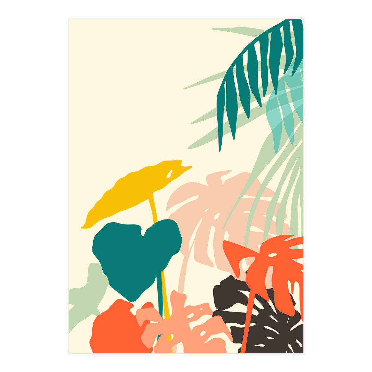 Tropical Nature, Botanical Pastel Jungle Plants Illustration, Minimal Bohemian Palm Monstera Forest (Print Only)