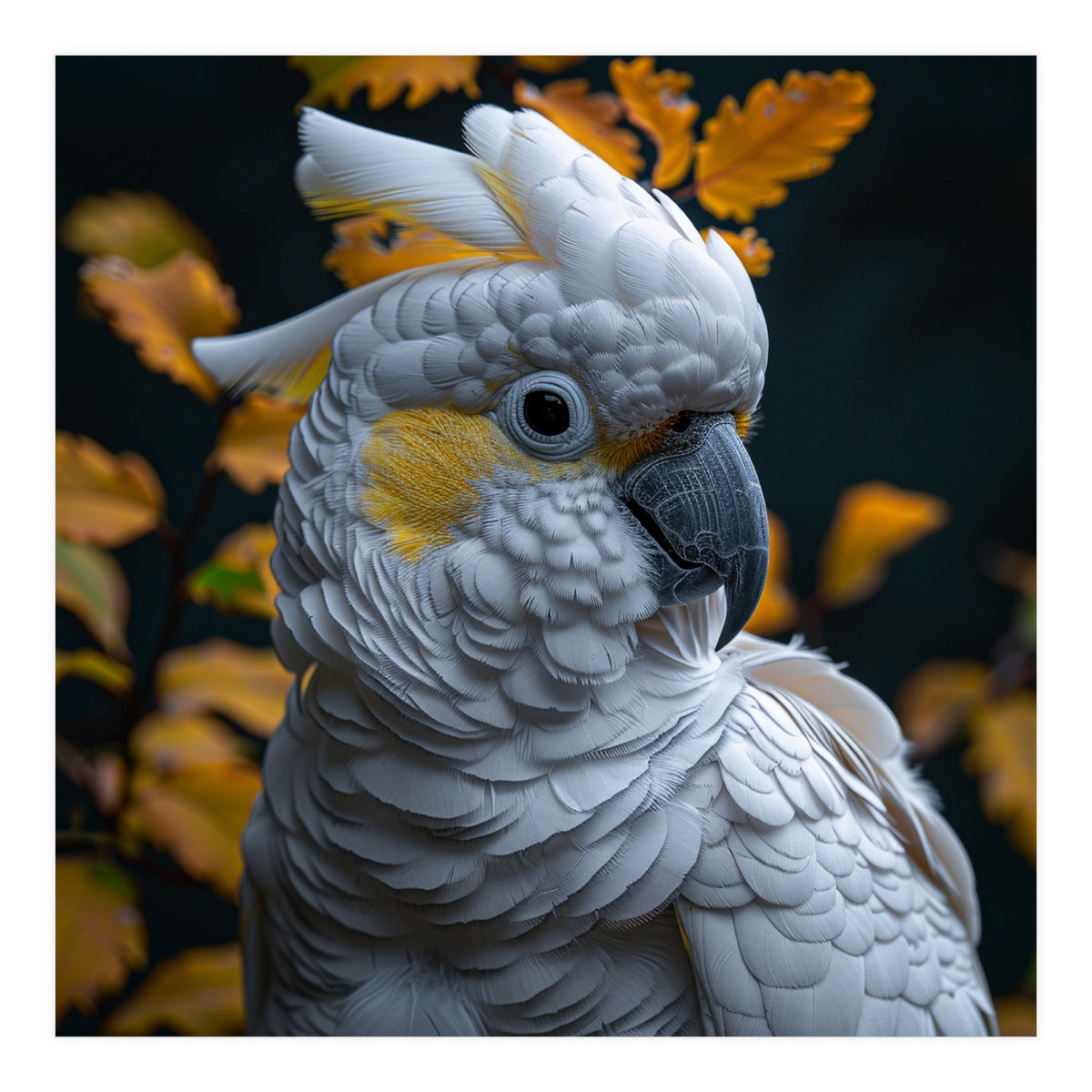 Yellow Crested Cockatoo Portrait Autumn Leaves Dark (Print Only)