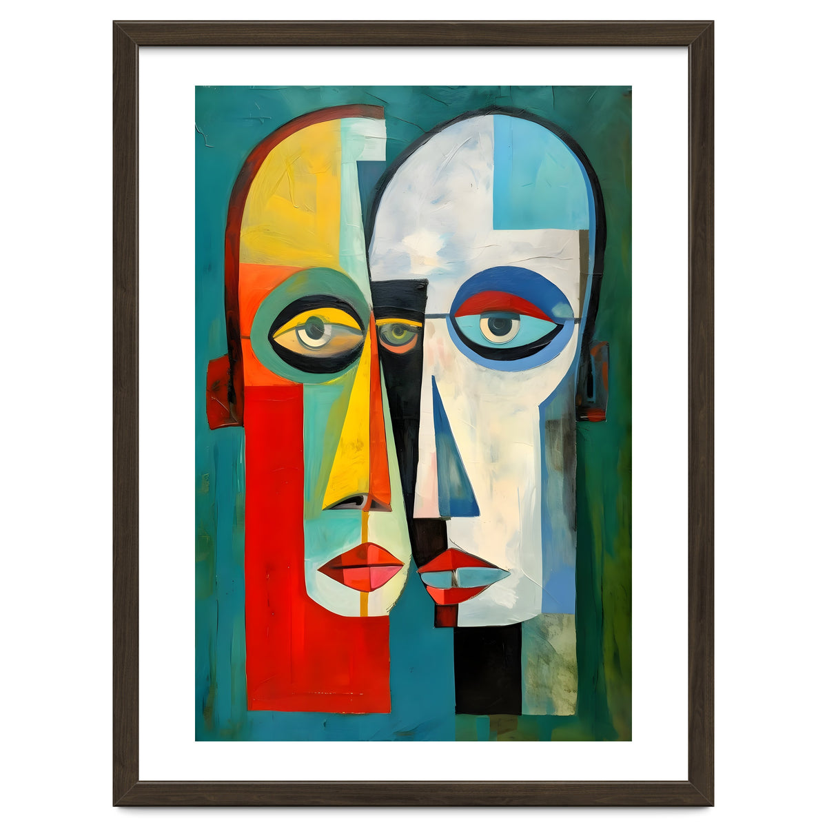 INSEPERABLE #02, Abstract robotic looking heads merged in bright vivid hues with emphasis on the eyes.