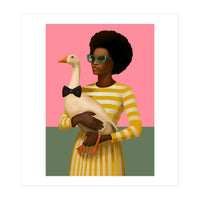 Stylish Woman Holding Goose In Striped Dress (Print Only)