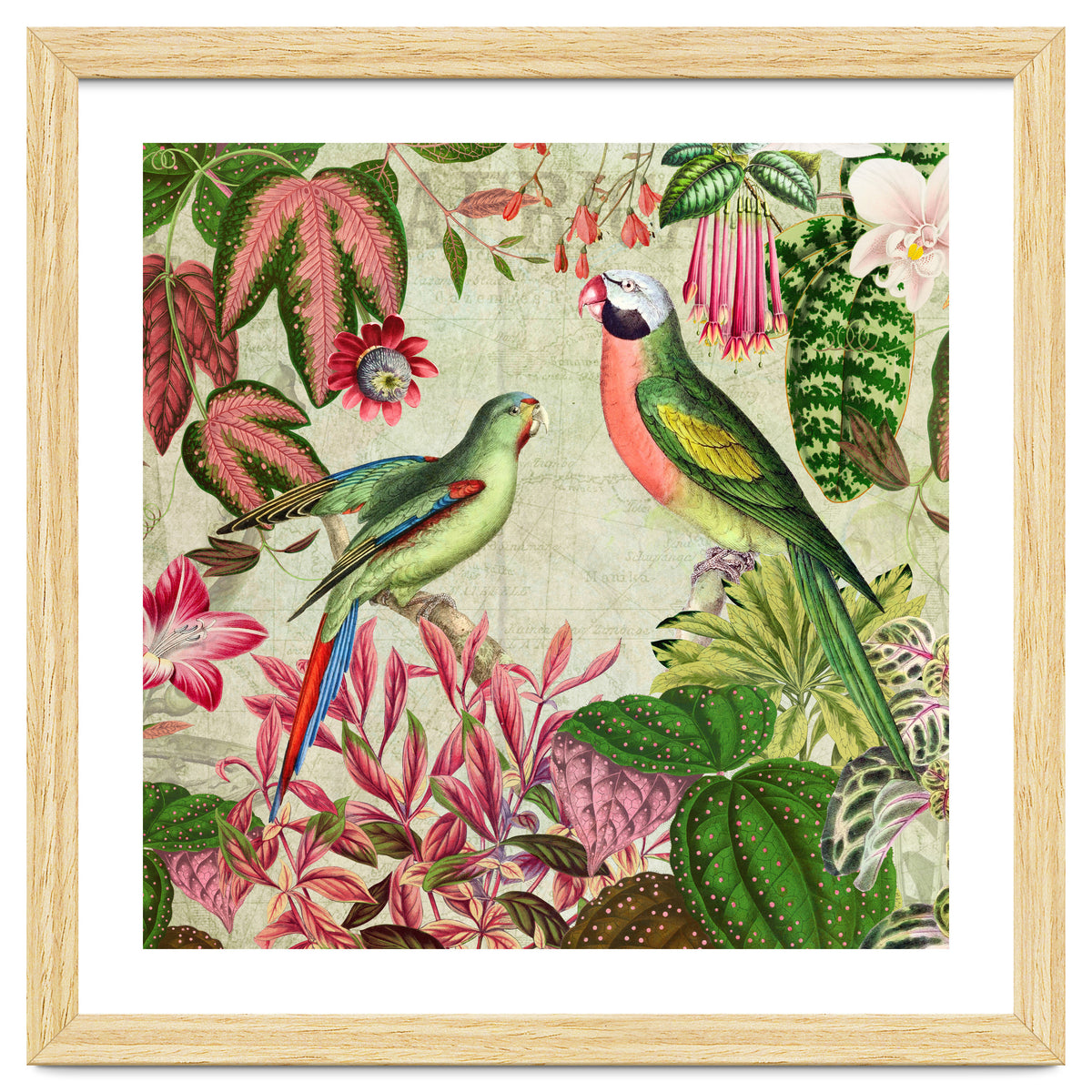 Exotic Lush Rainforest With Colorful Parrots And Flowers