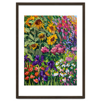 Vibrant Summer Sunflower and Iris Meadow Oil Painting