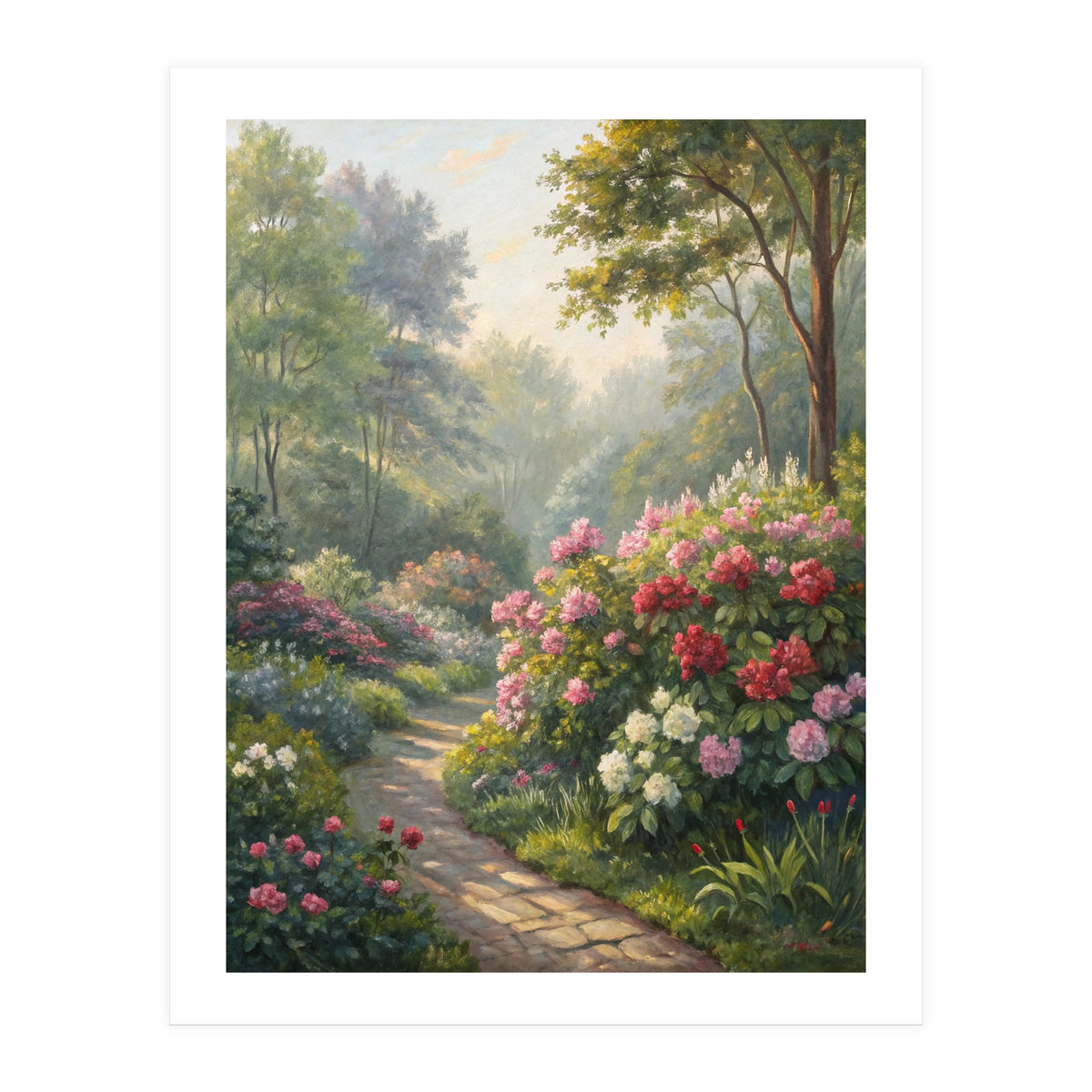 Sunlit Spring Garden Path Oil Painting (Print Only)