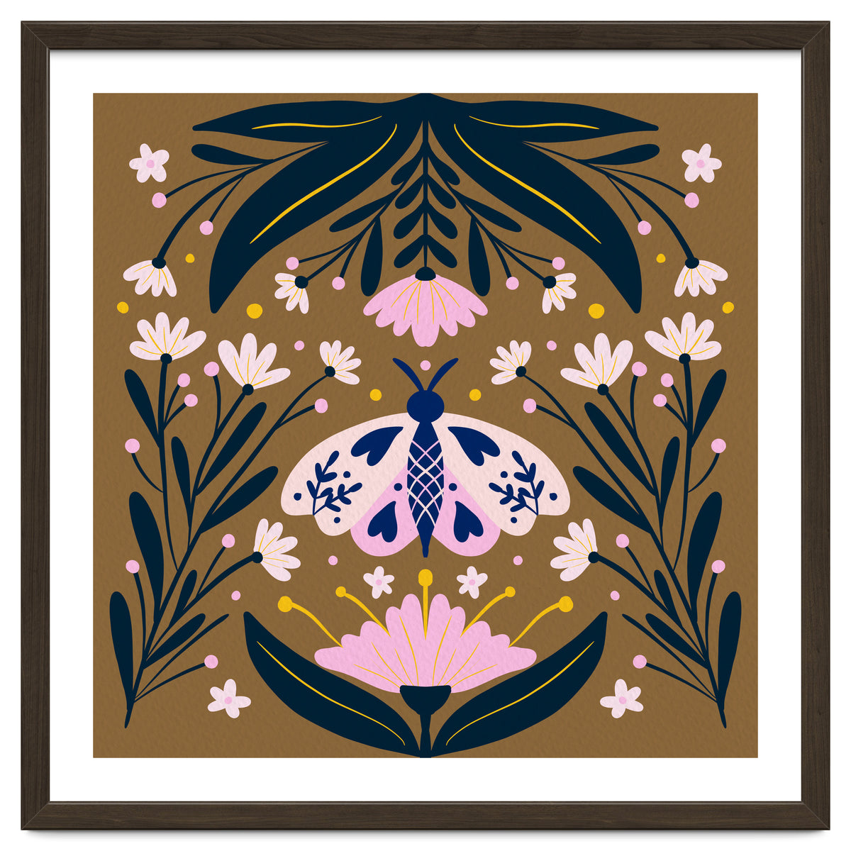 Pink Moth with Flowers on a brown background