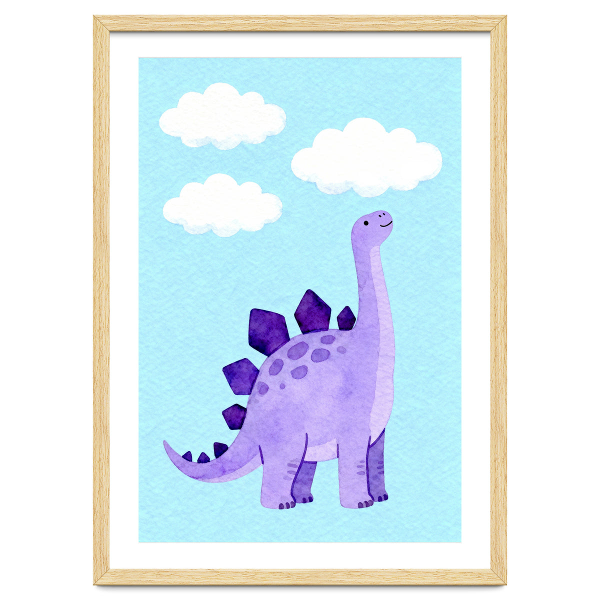 Purple Stegosaurus Watercolor Art, Cute Dinosaur Nursery Print, Dino and Clouds Illustration