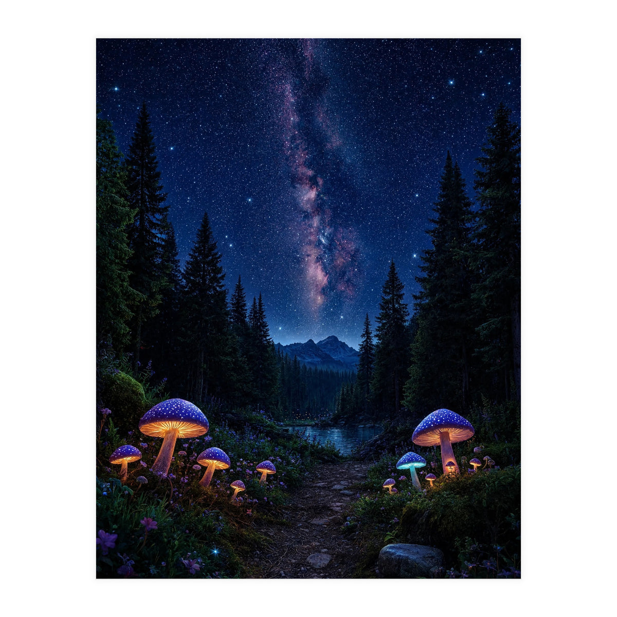 Enchanted Midnight Forest: Glowing Mushrooms and Milky Way (Print Only)