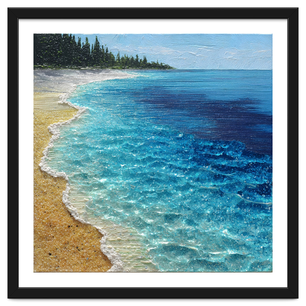 Sun-Drenched Coastal Shoreline with Textured Impasto Waves