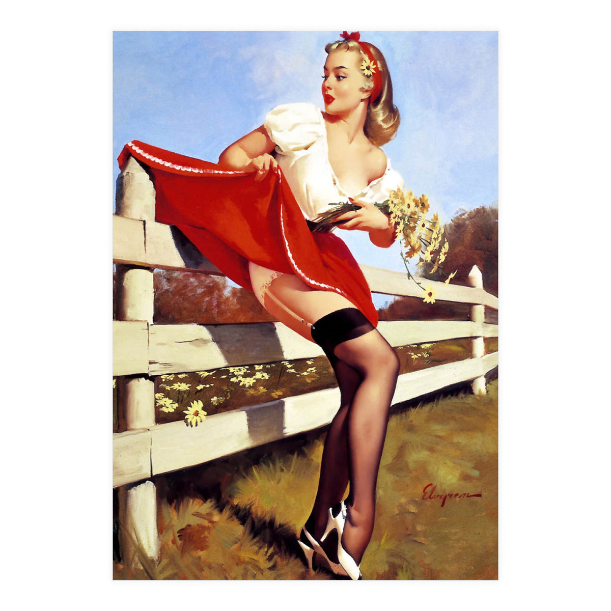 Pinup Girl Stacked On The Farm Fance (Print Only)