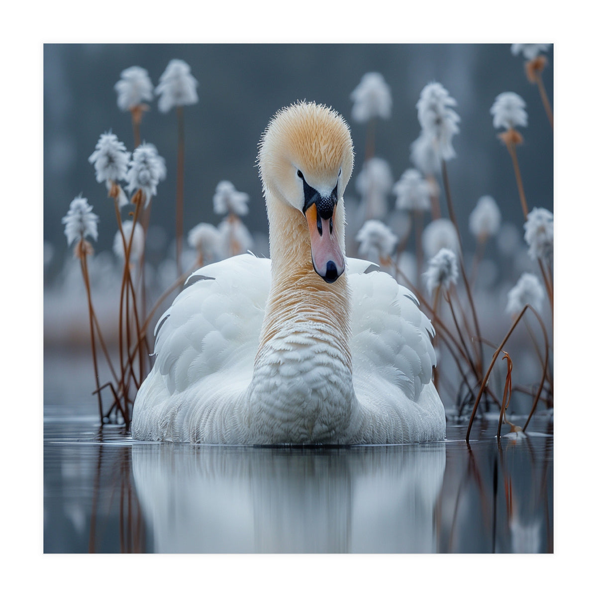 Swan Floating Serene On Calm Water (Print Only)