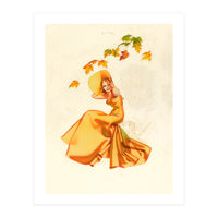 Woman Posing In Yellow Dress And Autumn Leafs (Print Only)