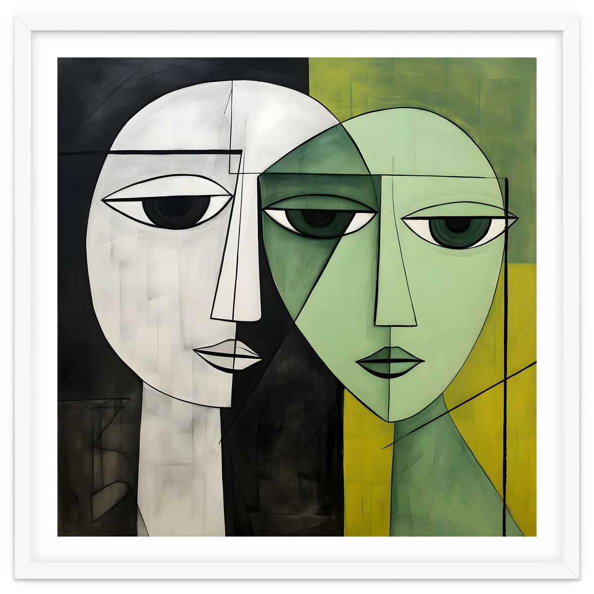 DYNAMIC FUSION, Two abstract heads converge - vibrant green tones intertwine with cool grey hues, a dance of contrast and connection.