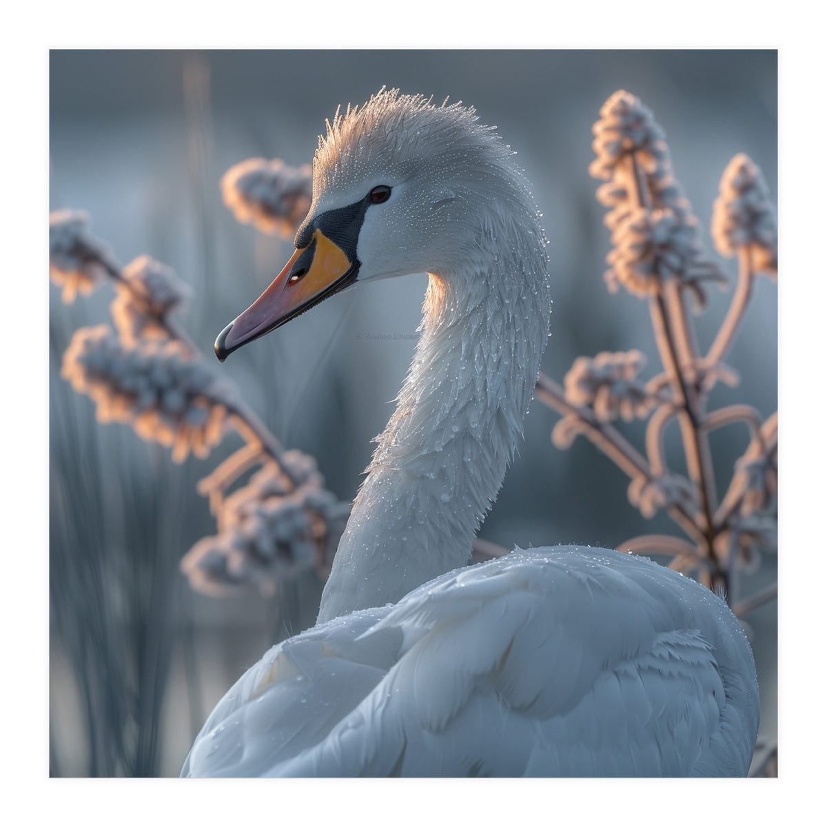 Swan Portrait Dew Drops Morning Light (Print Only)