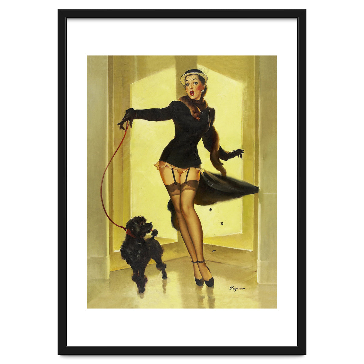 Pinup Girl In Black Dress On A Hall Experiencing Sudden Wind