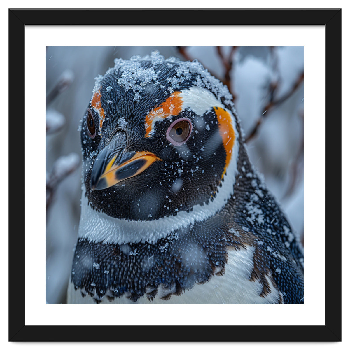 Penguin In Snow Falling Close Up Portrait