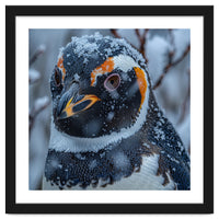 Penguin In Snow Falling Close Up Portrait