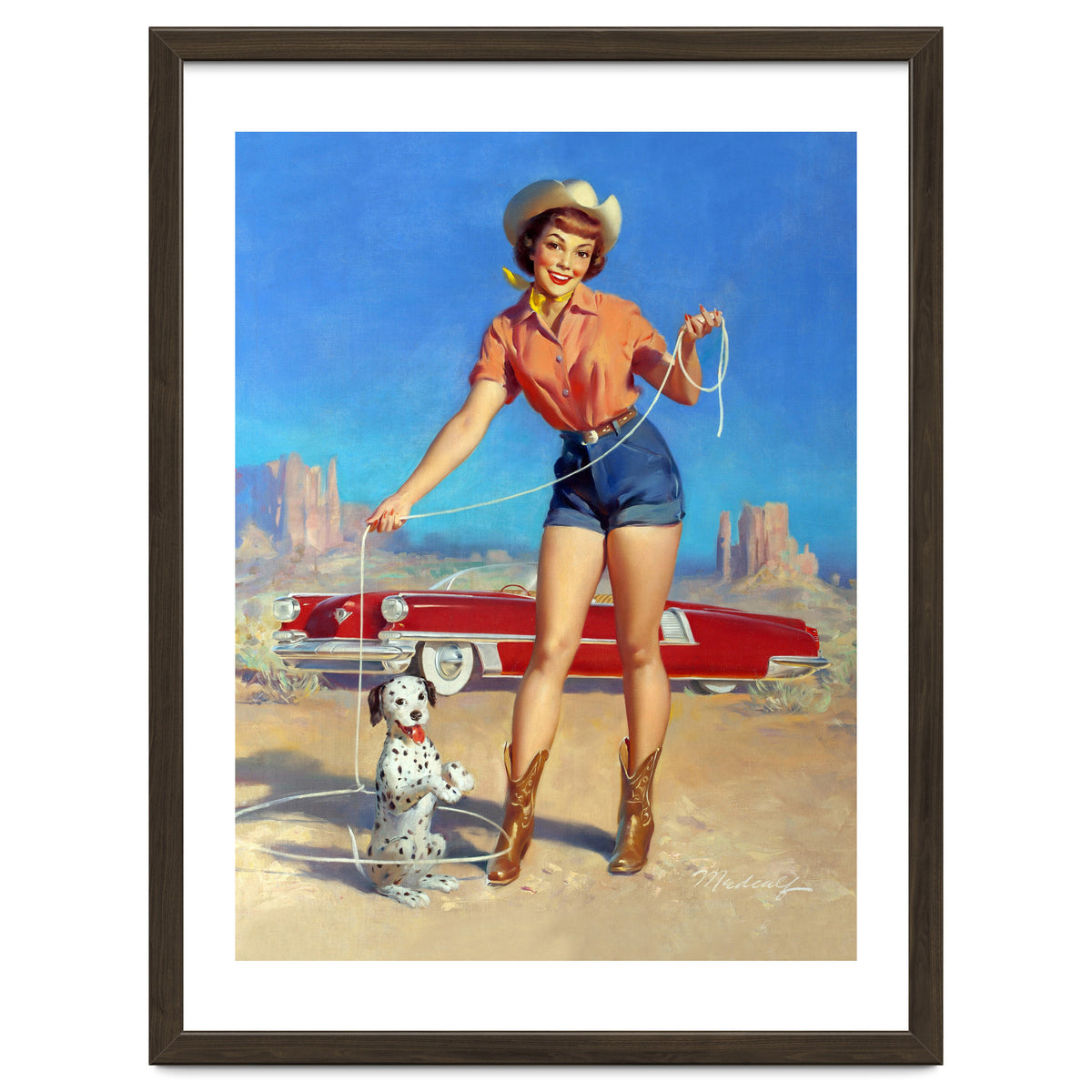 Pinup Cowgirl Showing A New Dog Trick