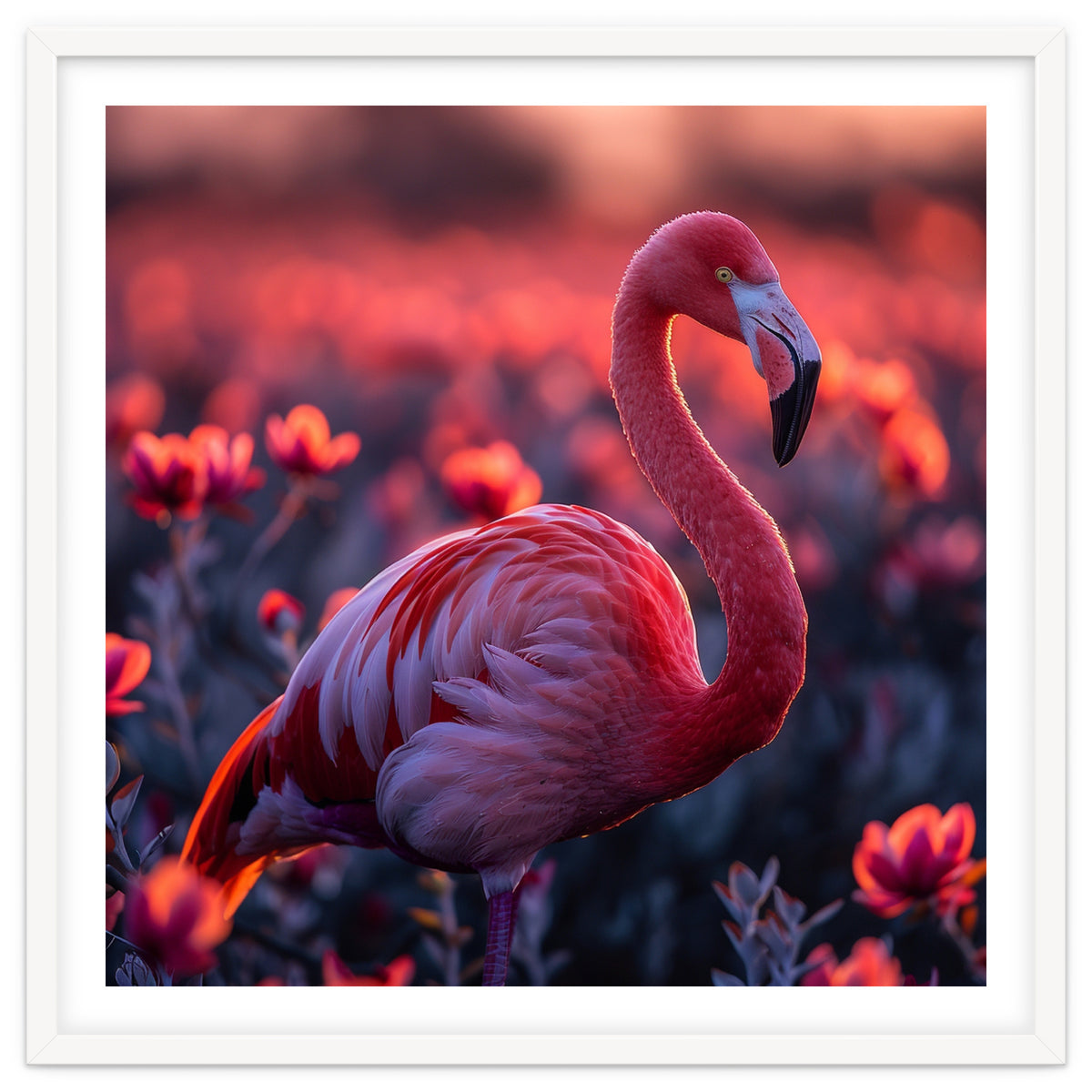 Pink Flamingo Bird Standing Among Flowers At Sunset