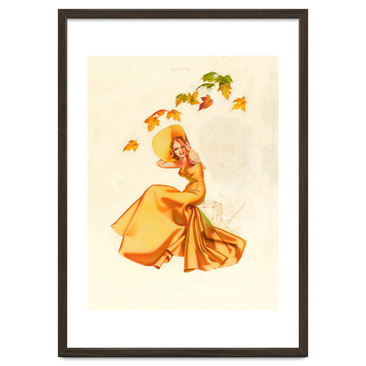 Woman Posing In Yellow Dress And Autumn Leafs