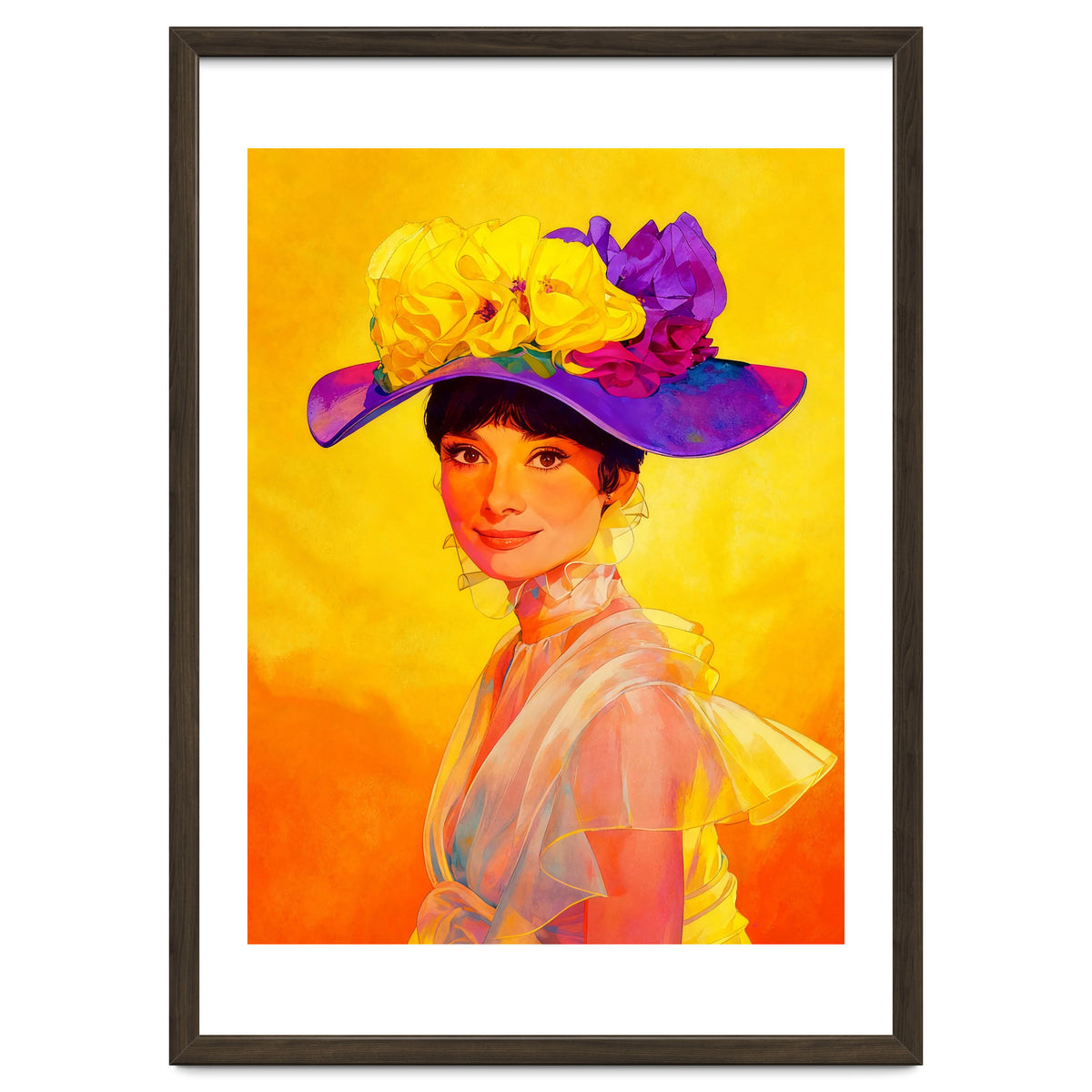 Audrey Hepburn Pop Art, Vibrant Floral Hat Portrait, Iconic Movie Star Illustration