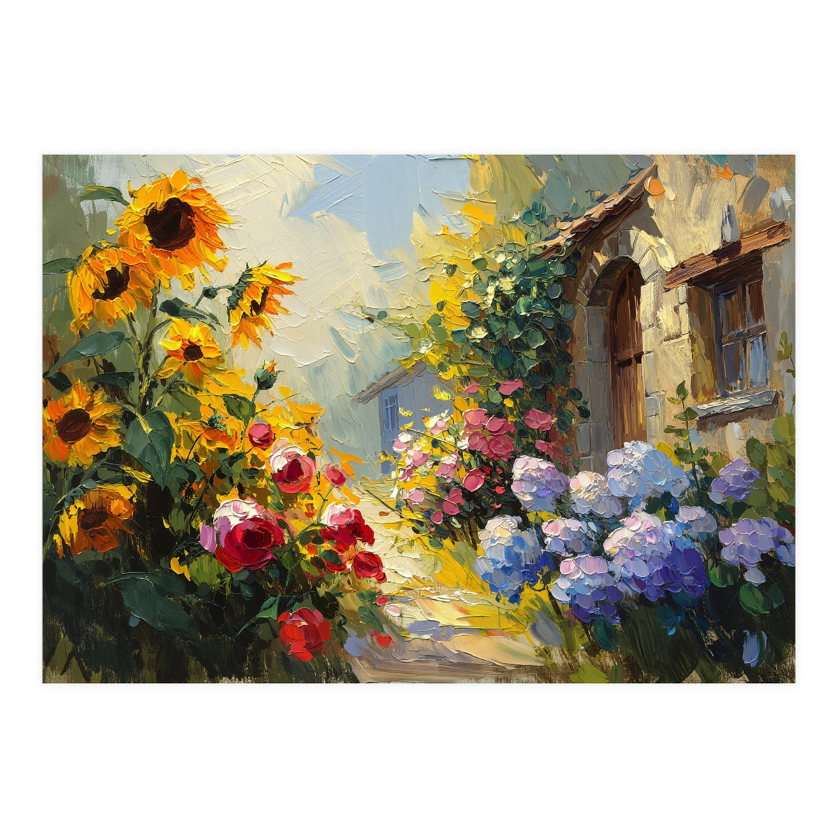 Vibrant Summer Cottage Garden Oil Painting (Print Only)