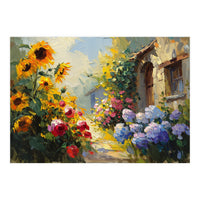 Vibrant Summer Cottage Garden Oil Painting (Print Only)