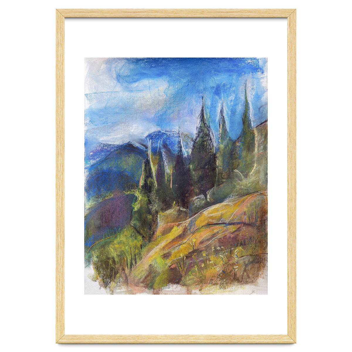 Pastel drawing of an Alpine Pine Forest