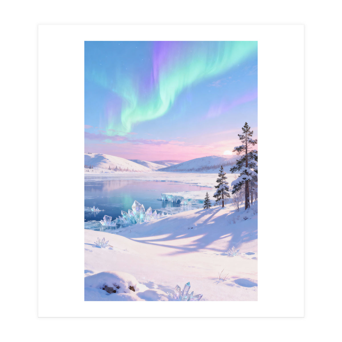 Northern Lights, Aurora Sky, Arctic Landscape, Aurora borealis, Snow Fall (Print Only)
