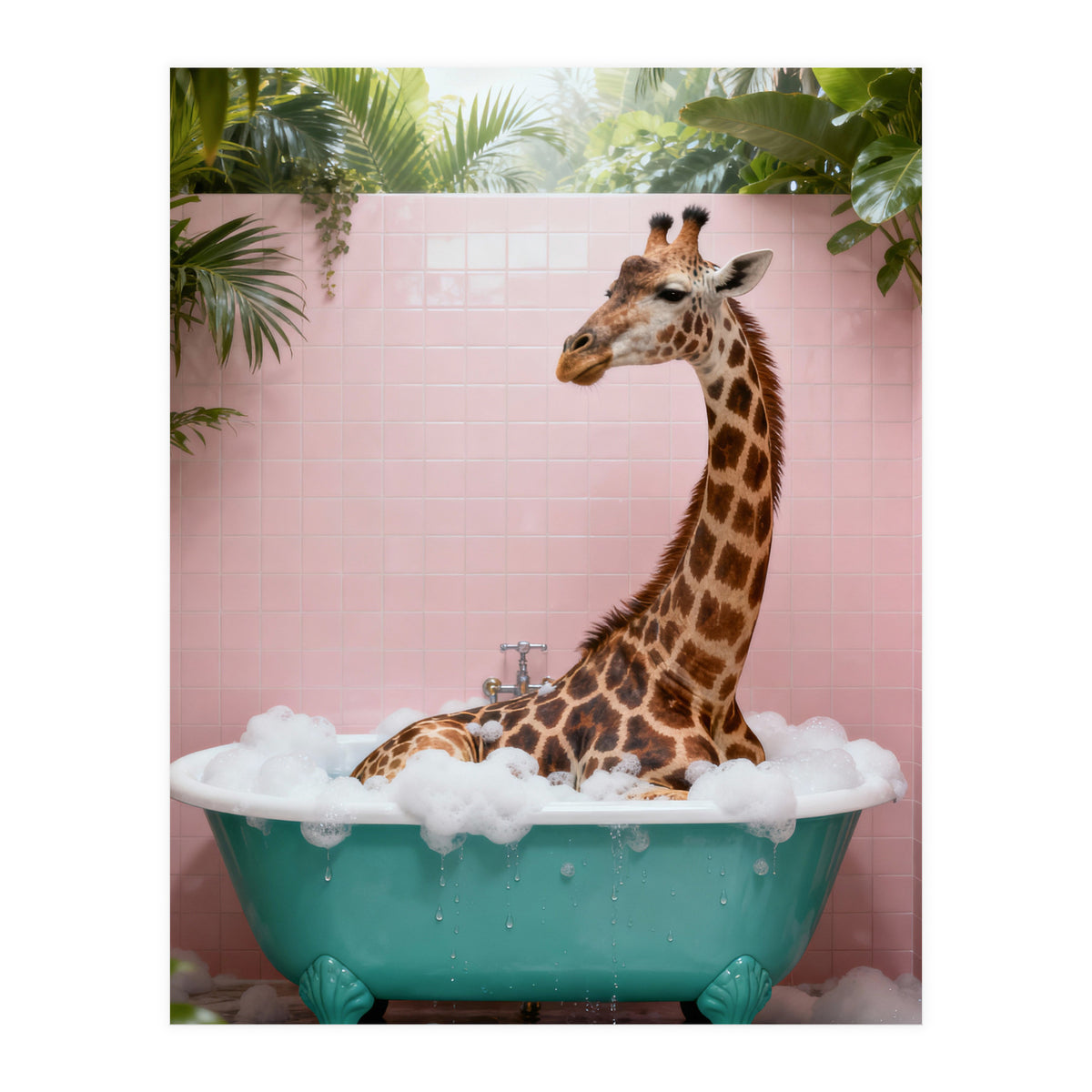 Giraffe in Bathtub, Whimsical Bathroom Art (Print Only)
