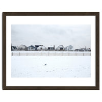 A seagull and snow covered houses