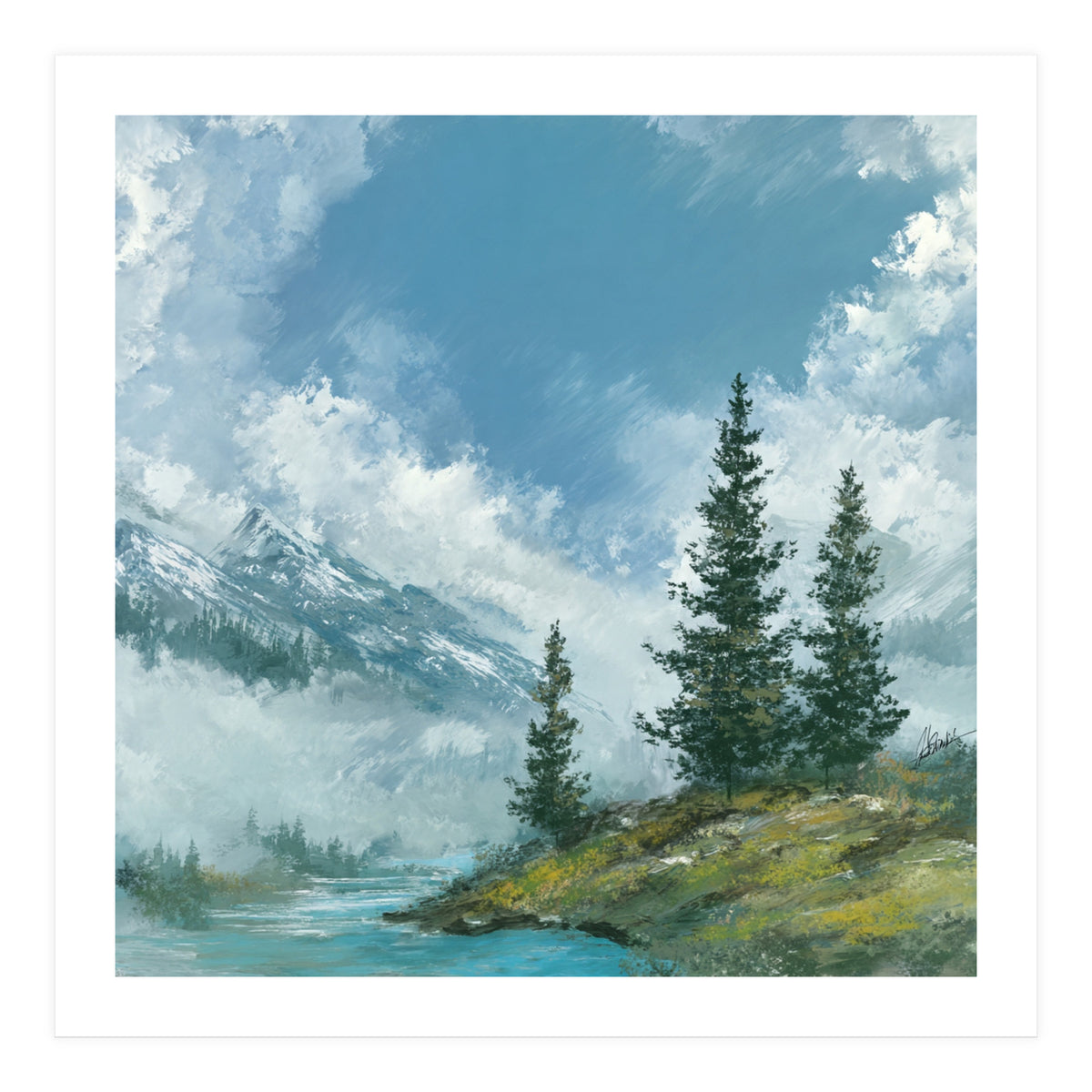 Ethereal Alpine River Valley with Snow-Capped Mountains (Print Only)