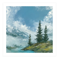 Ethereal Alpine River Valley with Snow-Capped Mountains (Print Only)