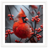 Northern Cardinal Bird Perched Among Red Berries
