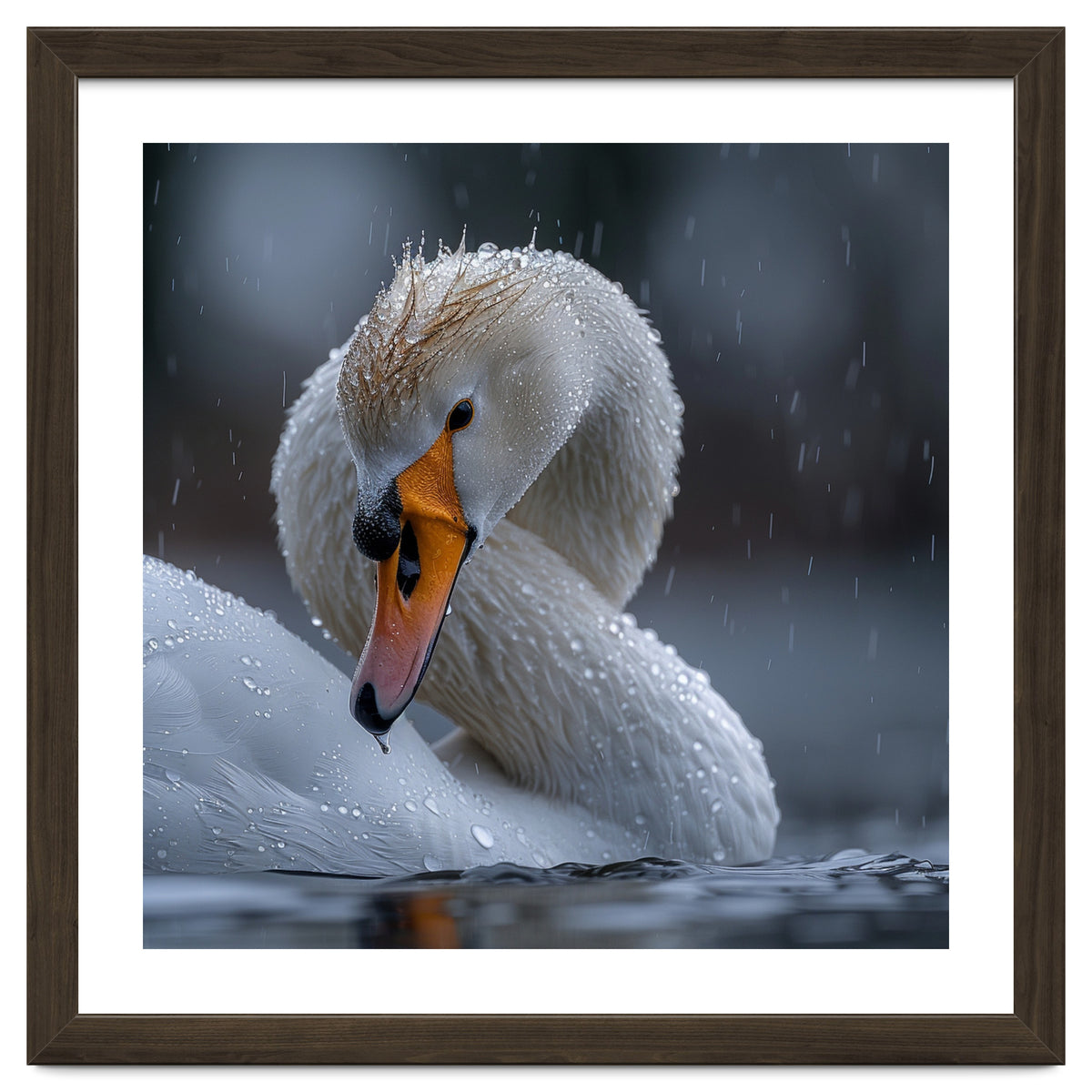 White Swan Bird With Water Droplets In Rain