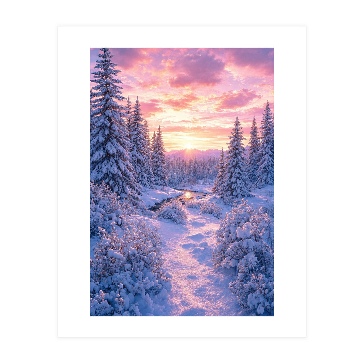 Winter Sunset Glow: Serene Snowy Forest and Frozen Creek (Print Only)