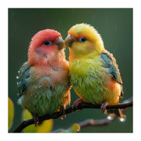 Two Lovebirds Perched On A Branch In Rain (Print Only)